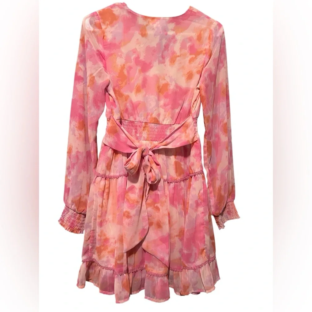 Japna Pink Watercolor Long Sleeve Ruffle Mini Dress | SZ S - Picture 2 of 2